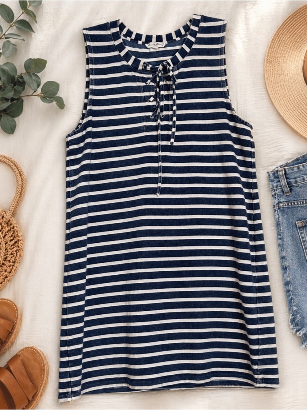 Jane & Delancey Striped Lace-Up Tank Top Navy White Sleeveless Size M